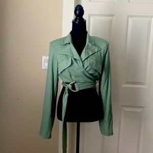 Light green linen cropped wrap jacket